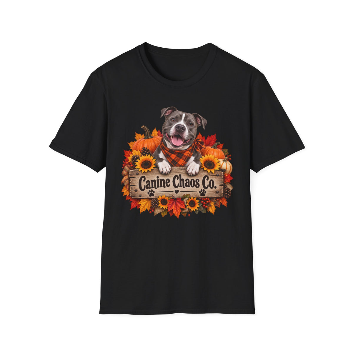 Canine Chaos Co. Fall Dog T-Shirt — Autumn Sunflowers & Plaid Bandana Tee