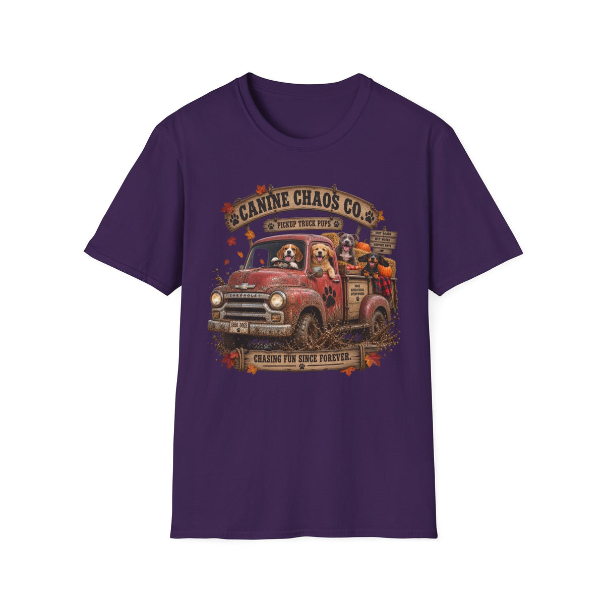 Canine Chaos Co. Vintage Dog Truck T-Shirt — Dogs Riding Pickup Graphic Tee