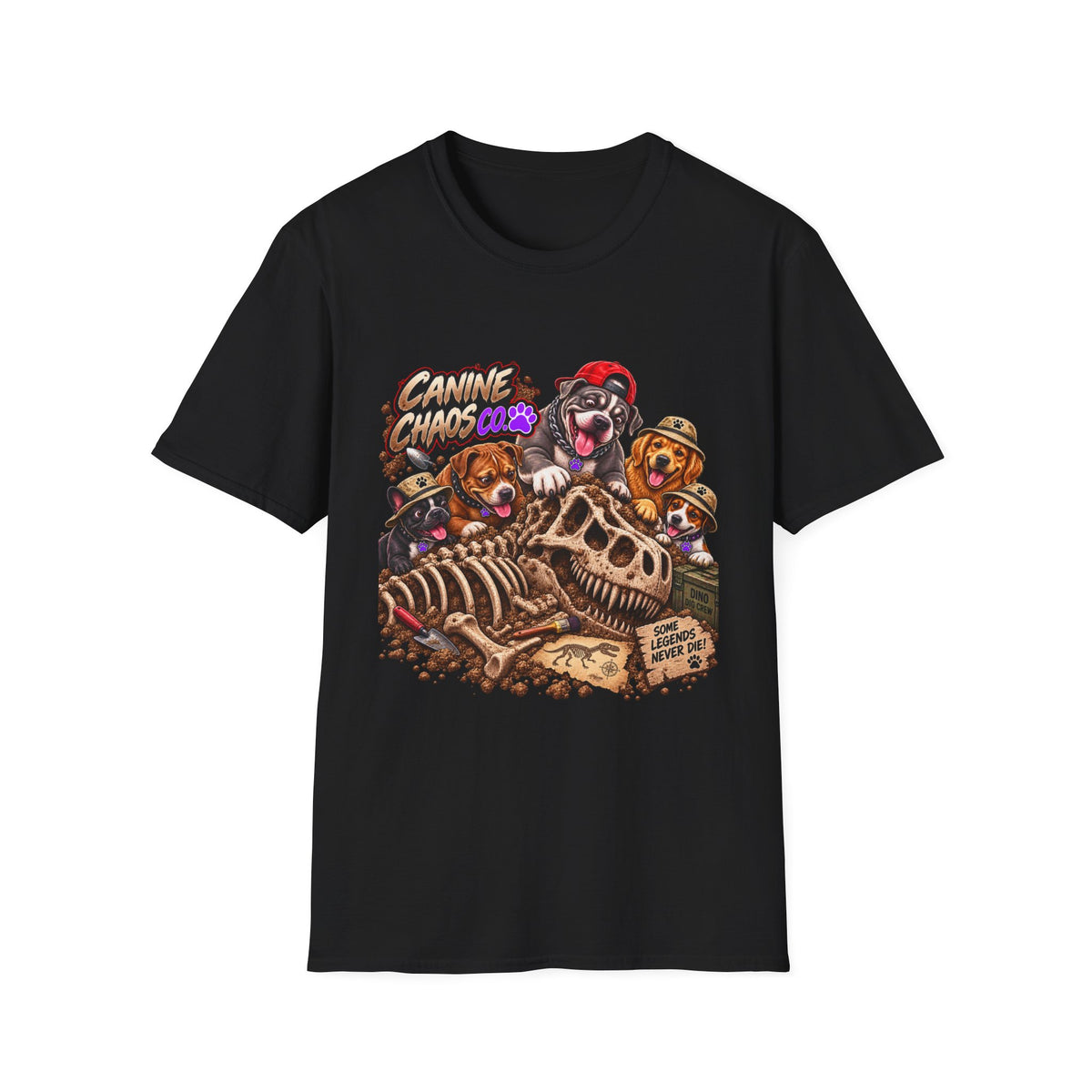 Canine Chaos T‑Shirt — Dogs Digging Up Dinosaur Bones Graphic Tee