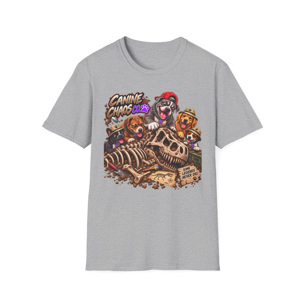 Canine Chaos Crew T-Shirt — Cute Dogs Digging Dinosaur Bones Graphic Tee