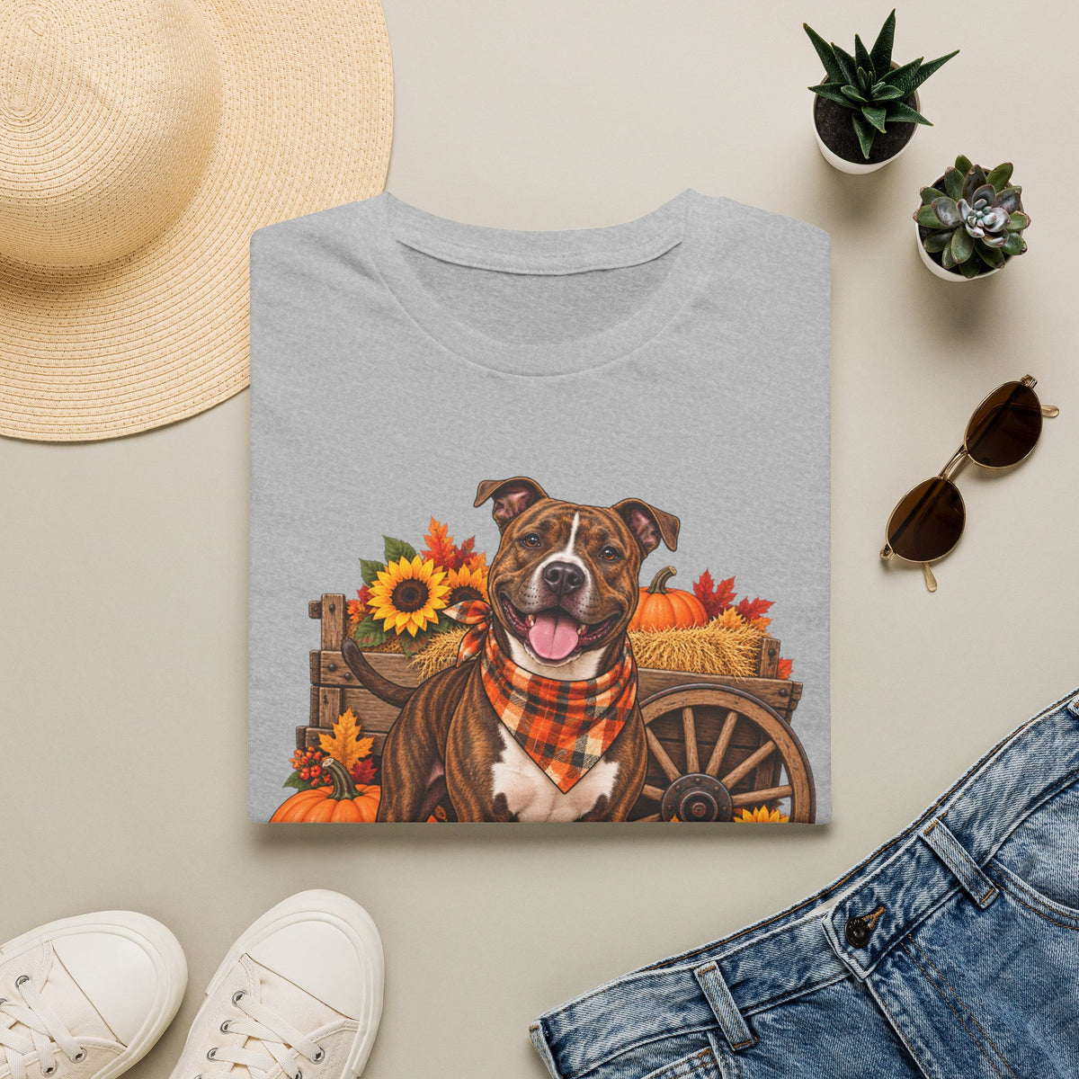 Fall Dog T‑Shirt — Brown Pitbull with Pumpkins & Sunflowers Autumn Tee