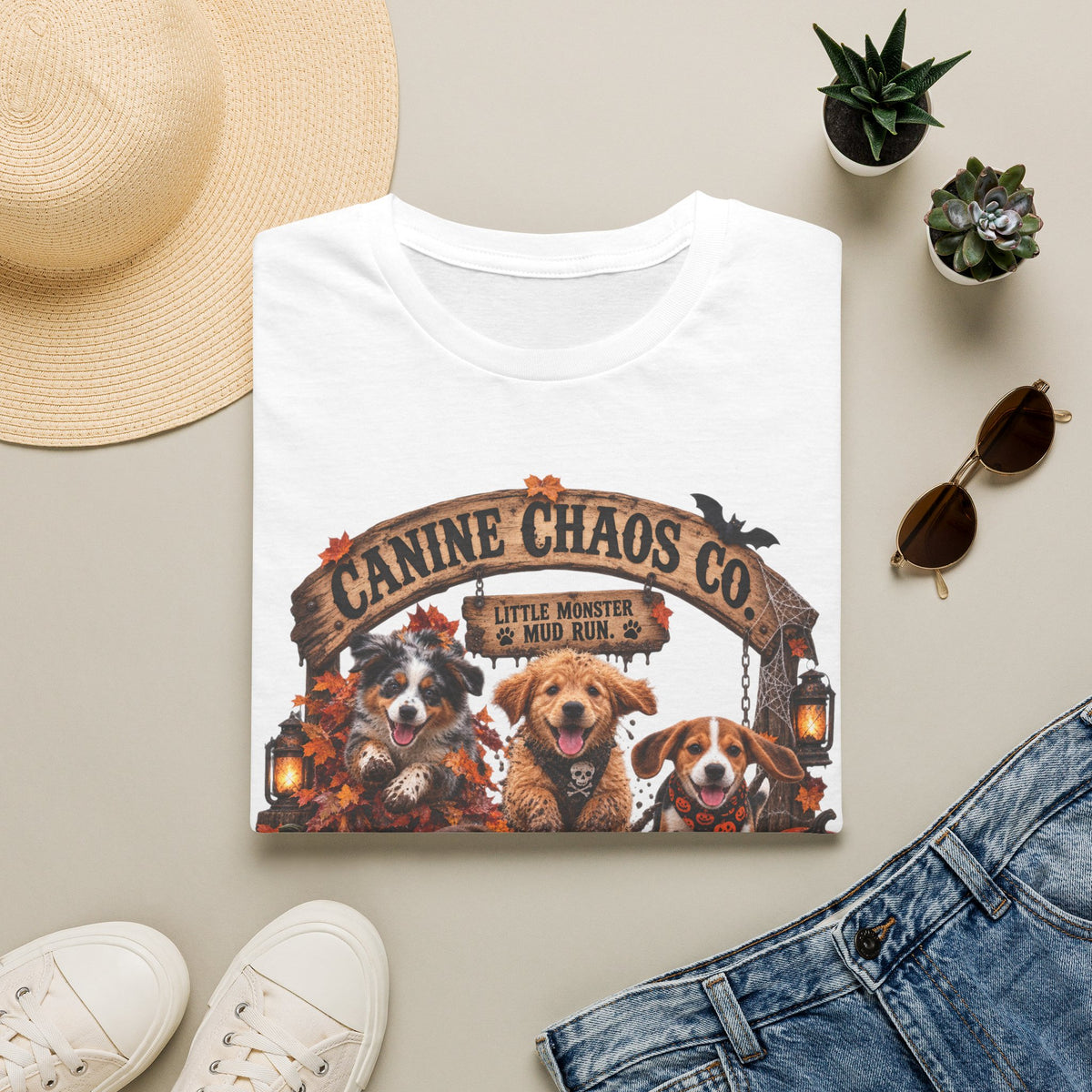 Canine Chaos Co. T-Shirt – Cute Puppies Autumn Floral Graphic Tee