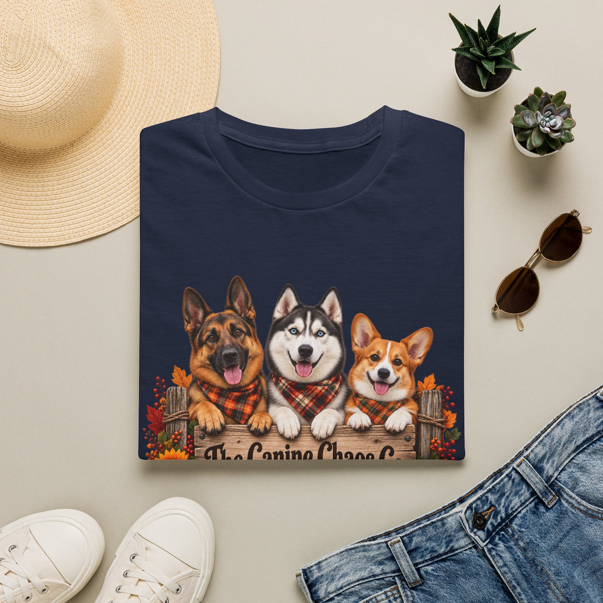 Three Dogs Fall Plaid Design T-Shirt | German Shepherd Husky Corgi
