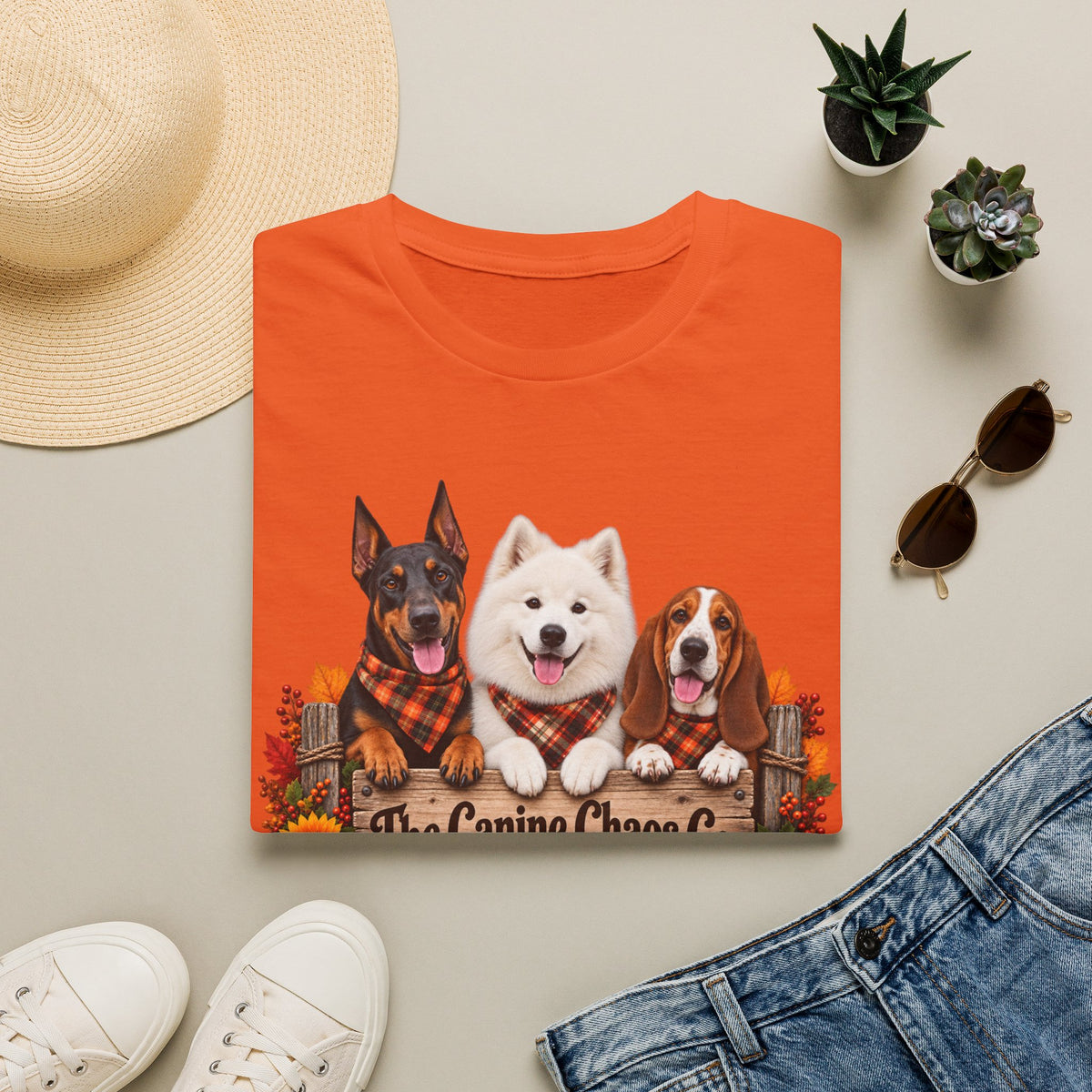 T-Shirt — Fall Dogs Trio "The Canine Chase Co." Plaid Pumpkin Tee