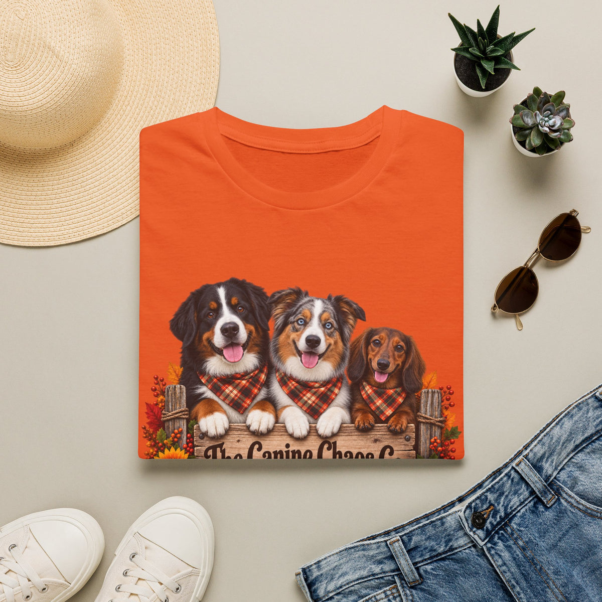 Three Dogs in Plaid Scarf Fall Leaves T-Shirt | Autumn Dog Trio