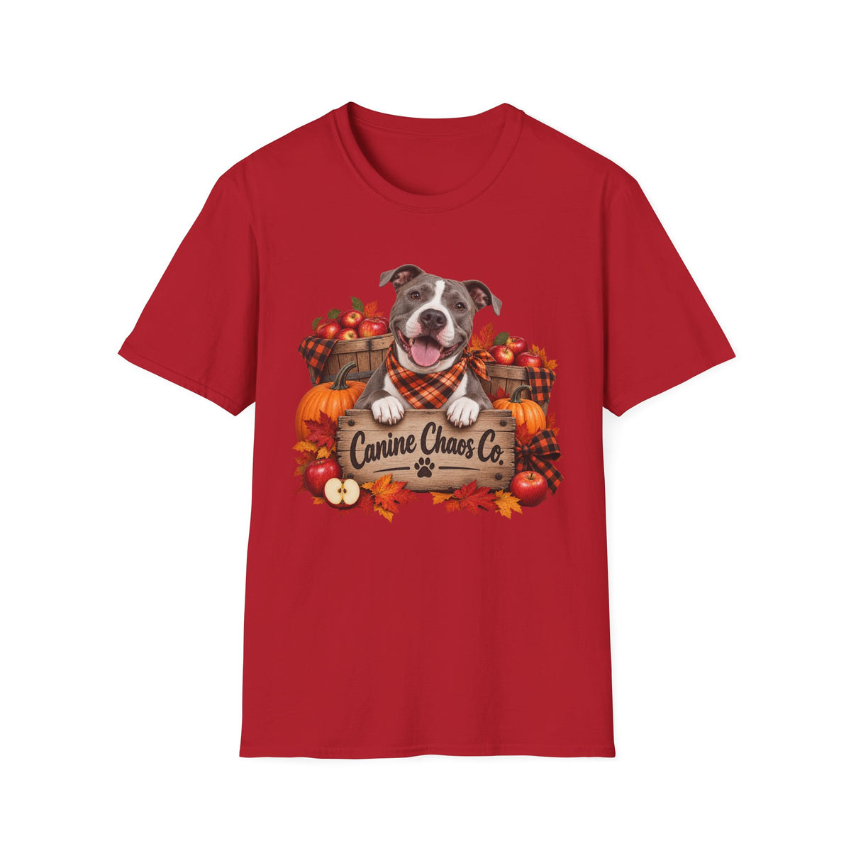Fall Dog T-Shirt — 'Canine Chaos Co.' Autumn Pumpkin & Leaves Tee