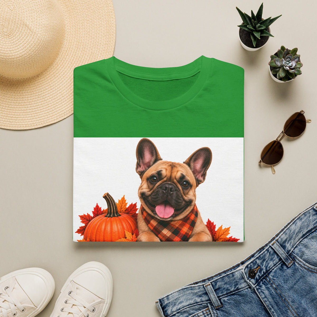 French Bulldog Fall T‑Shirt — 'Canine Choc Co.' Pumpkin & Plaid Dog Tee