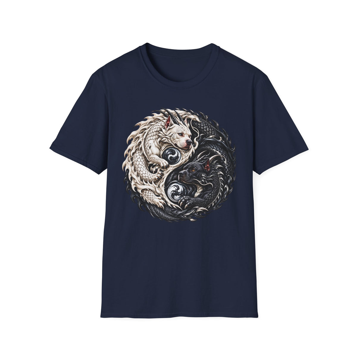 Yin Yang Pit Bull Dragon T-Shirt — Black & White Koi Dragon Circle Graphic Tee