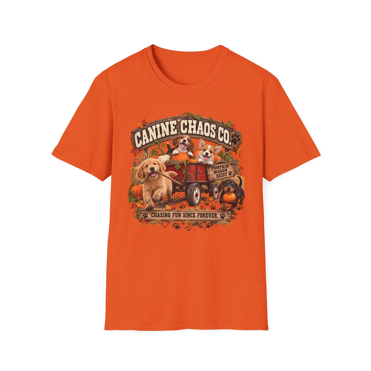 Canine Chaos Co. Fall Dogs T-Shirt — "Chasing Fun Since Forever"