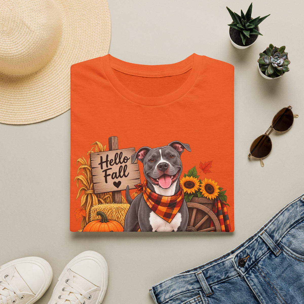 Hello Fall Dog T-Shirt — Autumn Pumpkins & Sunflowers Graphic Tee