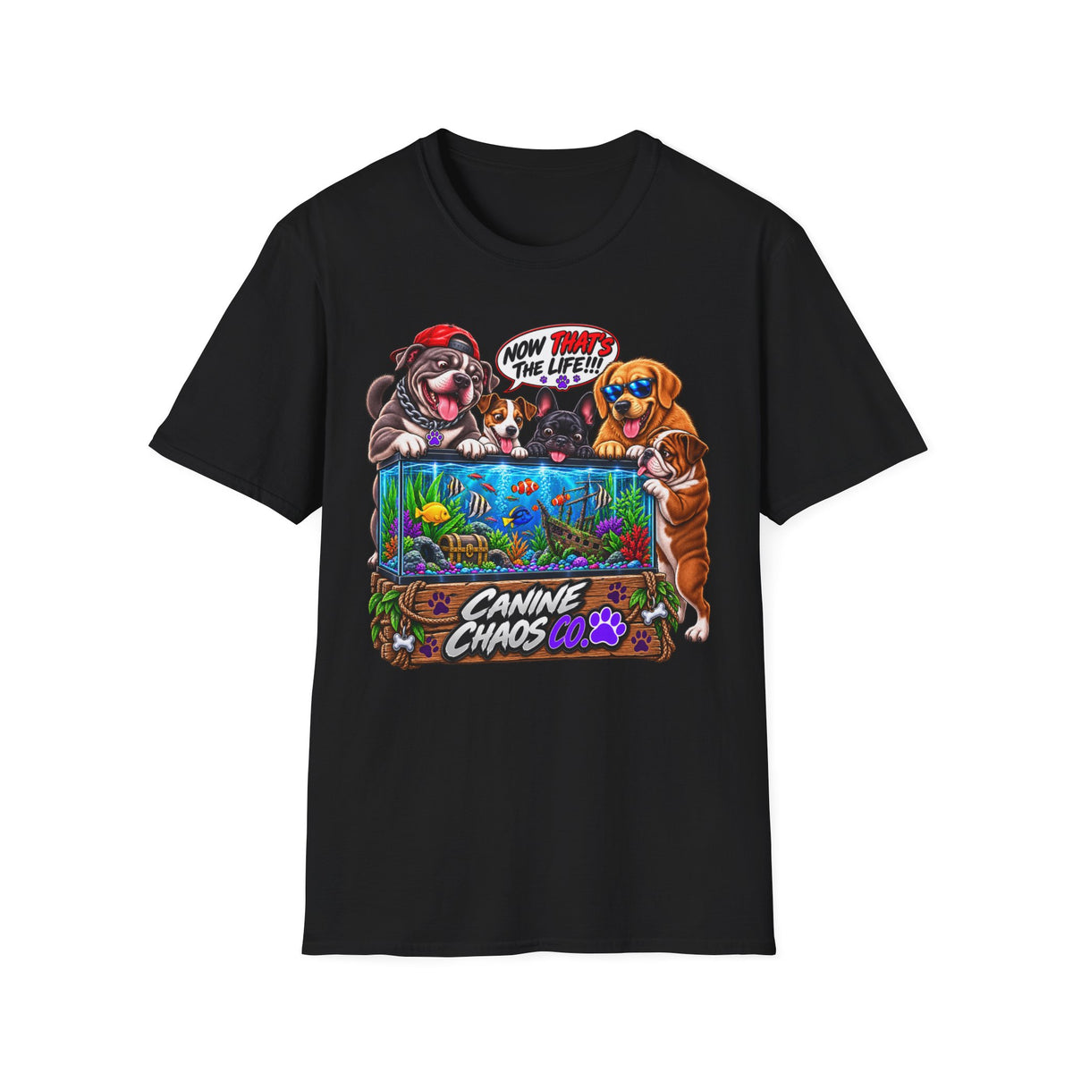 Canine Chaos Aquarium T-Shirt — Funny Dogs 'Now Save the Fish!' Graphic Tee