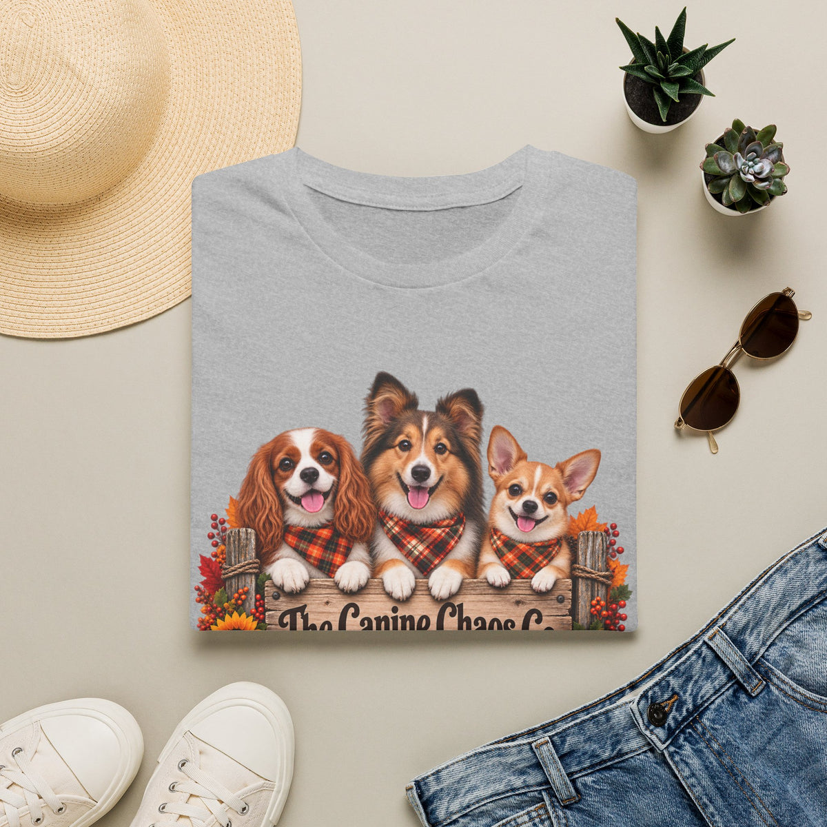 Fall Dog Trio T-Shirt — Cute Autumn Puppies with Plaid Scarves