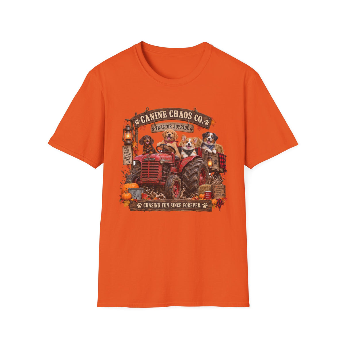 Canine Chaos Co. Fall Tractor T-Shirt — Cute Dogs on Tractor, Harvest & Pumpkin Farm Tee