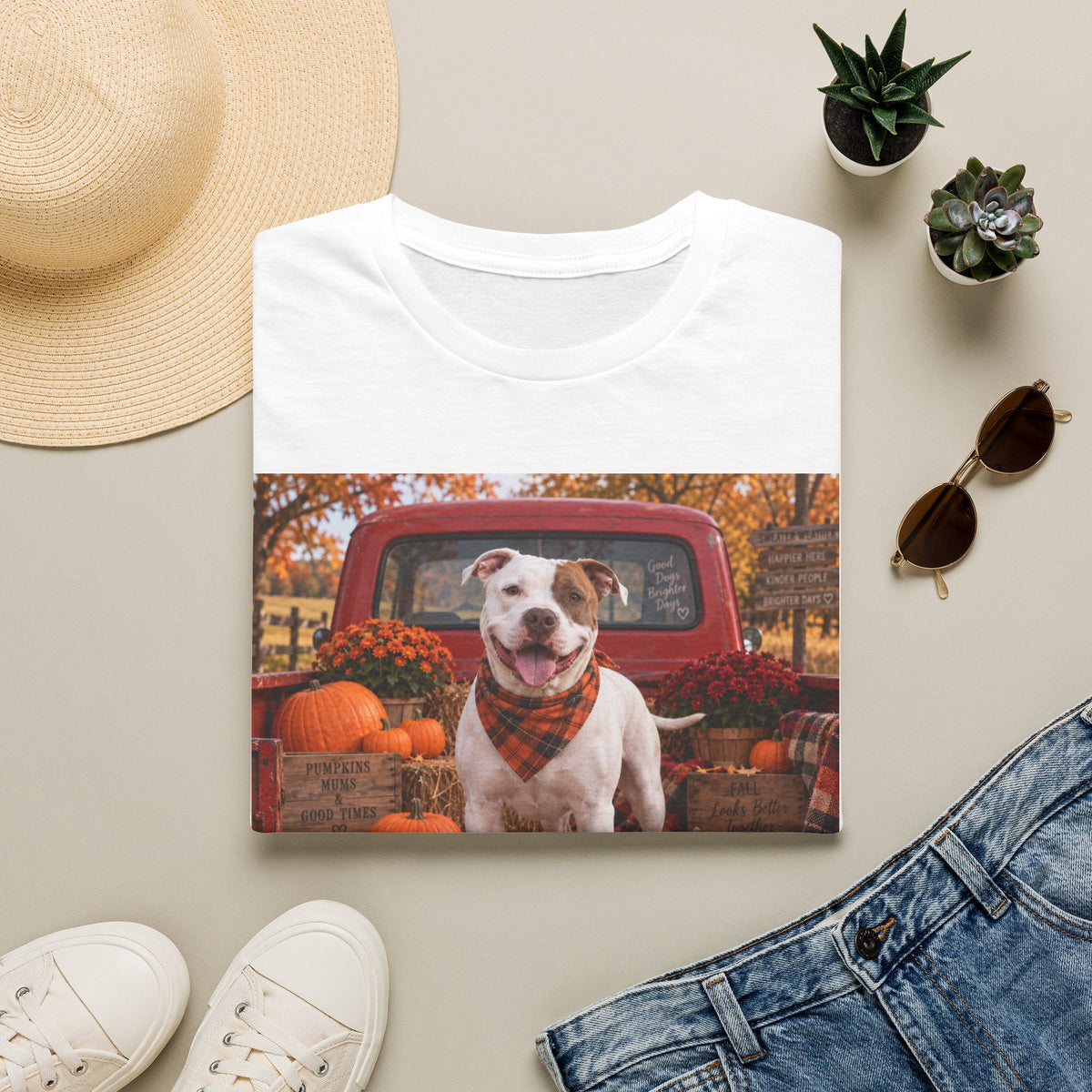 Dog & Pumpkins Fall T-Shirt — Cute Pitbull in Pickup Truck Autumn Tee