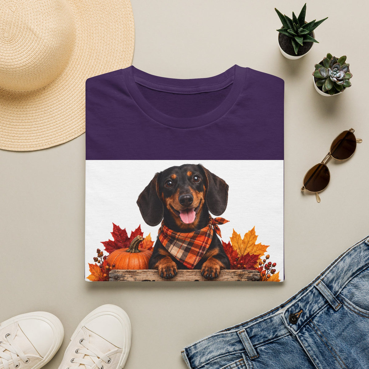 Dachshund Fall Tee — "Canine Chaos Co." Plaid Scarf Autumn Dog T-Shirt
