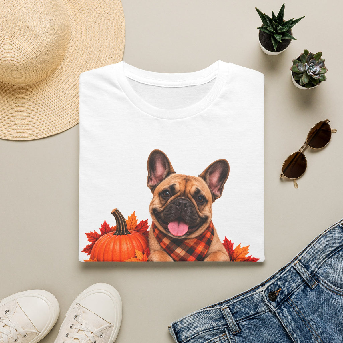 French Bulldog Fall T‑Shirt — 'Canine Choc Co.' Pumpkin & Plaid Dog Tee