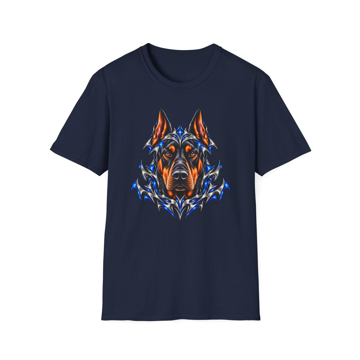 Doberman Head Graphic T‑Shirt — Tribal Blue Accent Dog Portrait Tee
