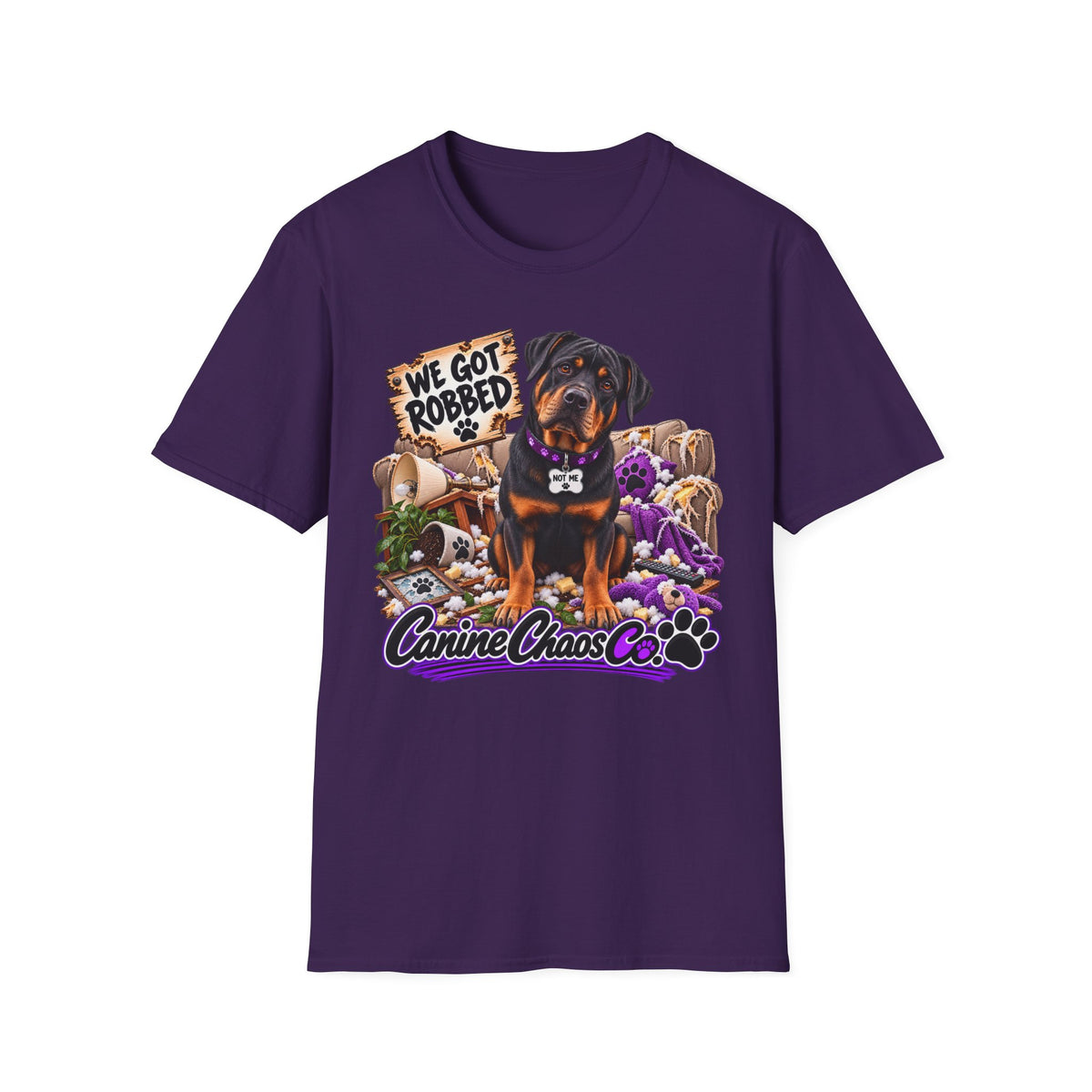 Rottweiler Dog Tee — "We Got Robbed" Canine Chaos Co. Graphic Shirt