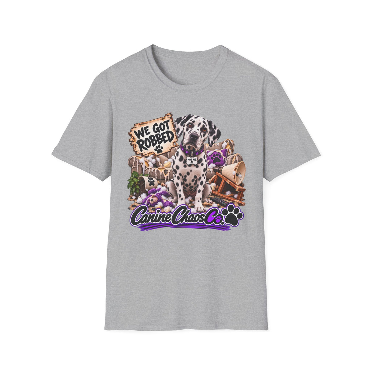 Canine Chaos Co. Dalmatian Tee — "We Got Robbed" Dog Rescue Humor T-Shirt