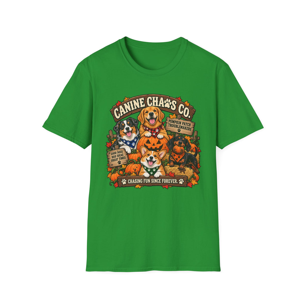 Canine Chaos Co. Halloween Dog T-Shirt — "Chasing Fun Since Forever" Cute Fall Puppy Tee