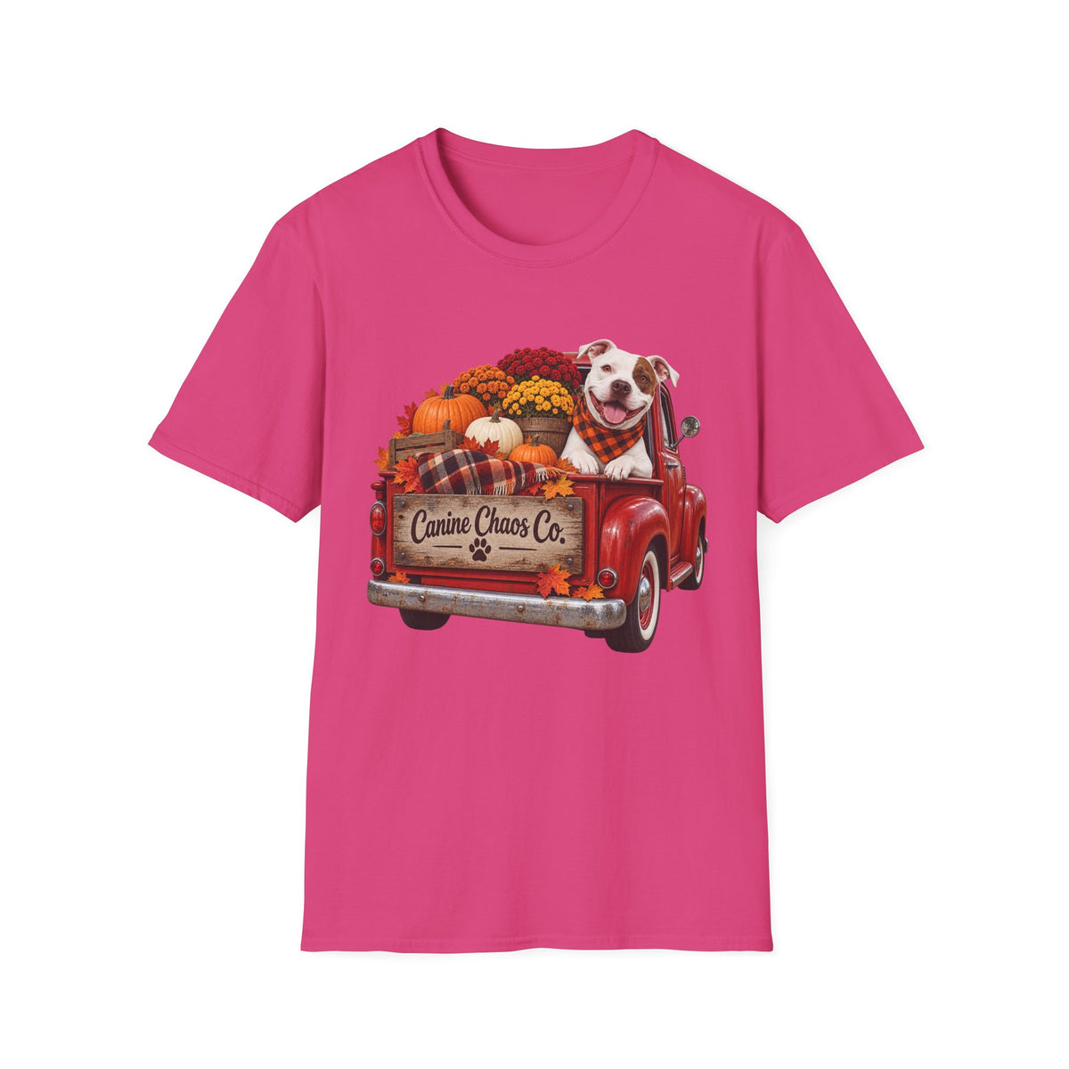 Fall Pickup Truck Dog T-Shirt — "Canine Chaos Co." Autumn Pet Tee