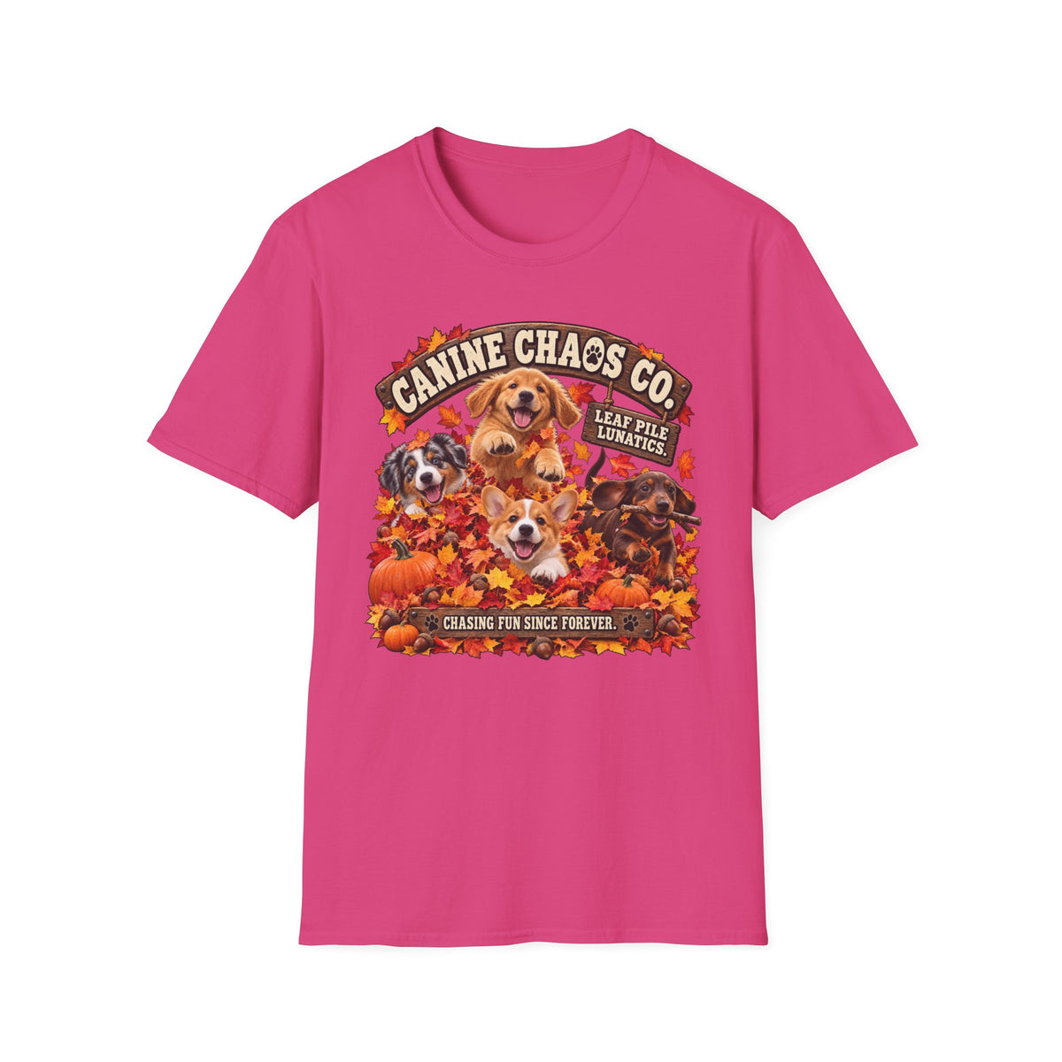 Canine Chaos Co. Fall Dogs T-Shirt — 'Leaf Pile Fanatics' Autumn Puppy Tee