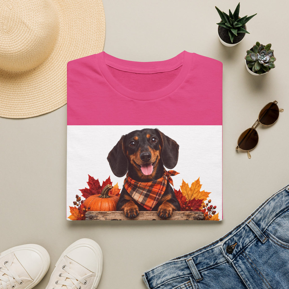 Dachshund Fall Tee — "Canine Chaos Co." Plaid Scarf Autumn Dog T-Shirt
