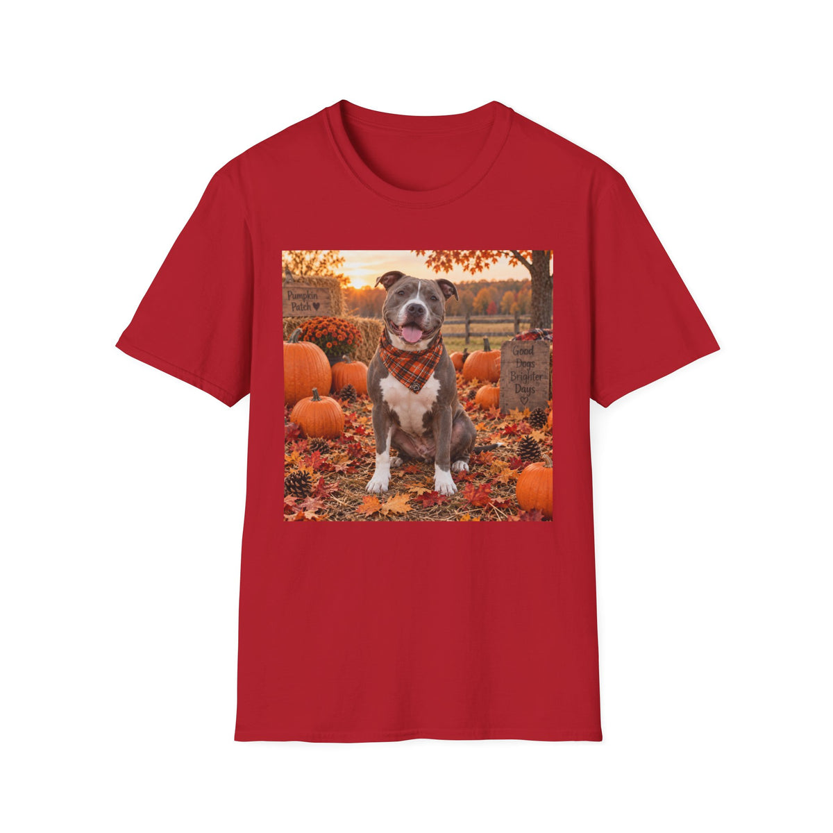 Fall Pumpkin Patch Dog T‑Shirt — Cute Pitbull in Autumn Scene