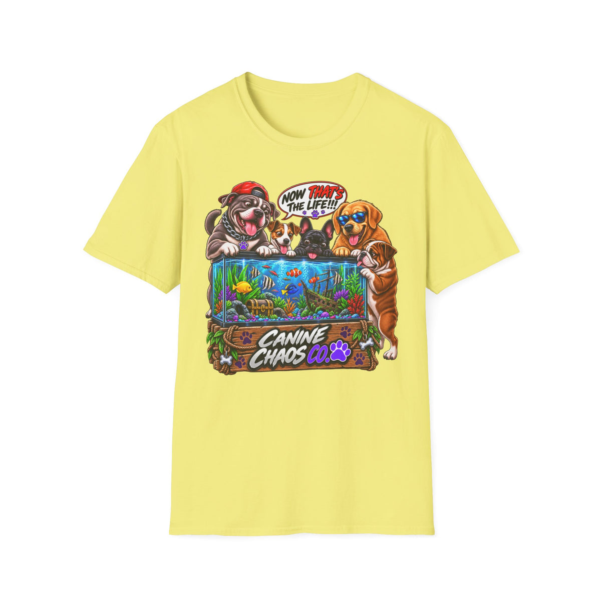 Canine Chaos Aquarium T-Shirt — Funny Dogs 'Now Save the Fish!' Graphic Tee