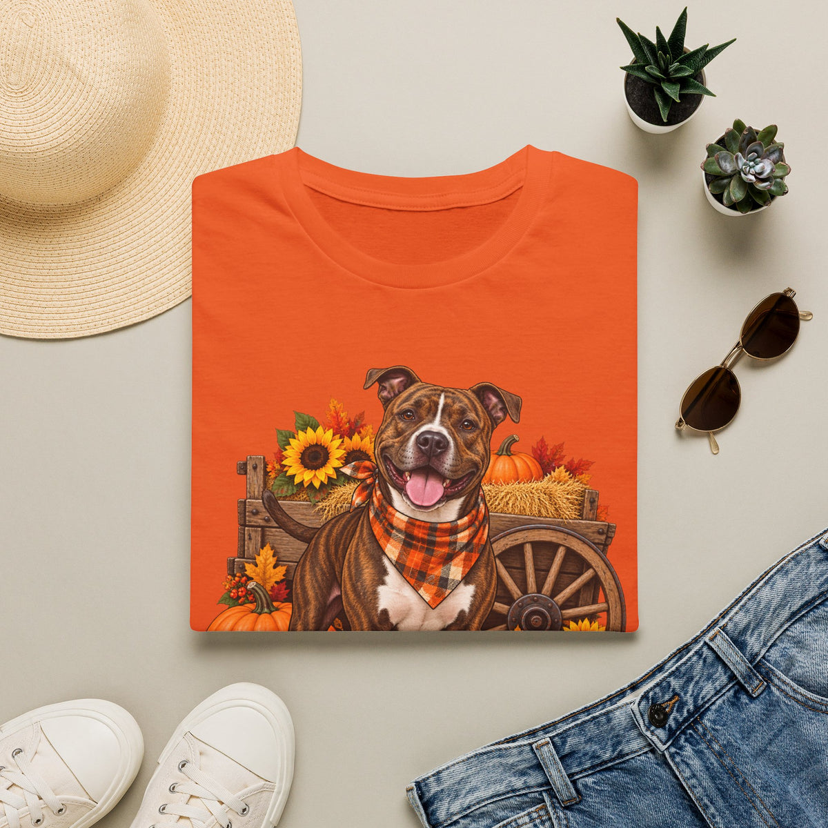 Fall Dog T‑Shirt — Brown Pitbull with Pumpkins & Sunflowers Autumn Tee