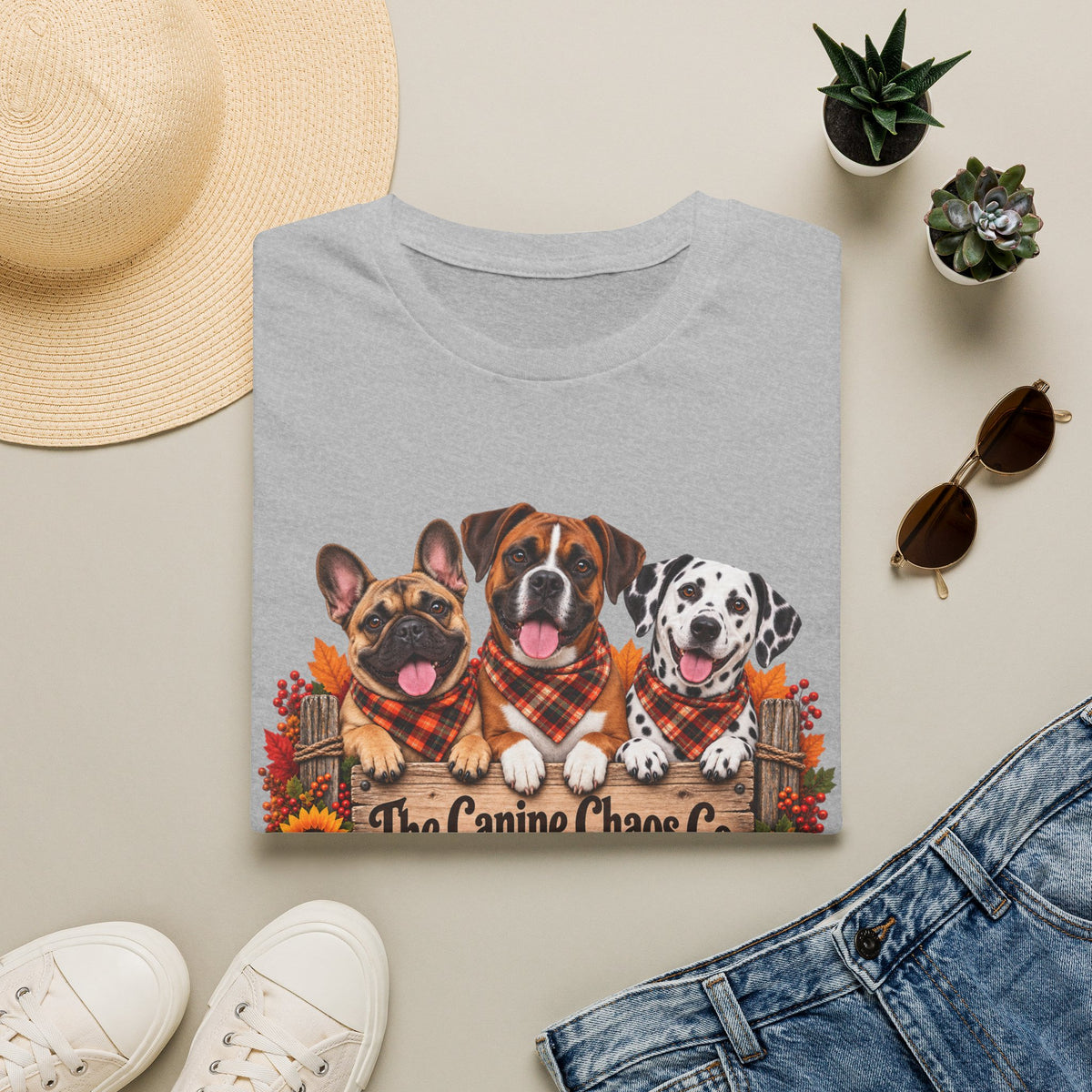 Fall Trio Dogs T-Shirt | Cute French Bulldog Boxer Dalmatian with Pumpkins