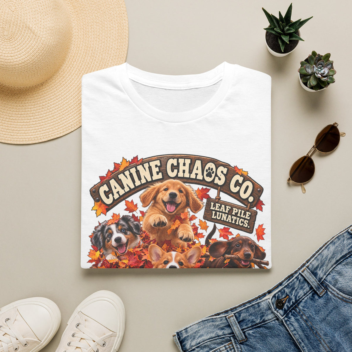 Canine Chaos Co. Fall Dogs T-Shirt — 'Leaf Pile Fanatics' Autumn Puppy Tee