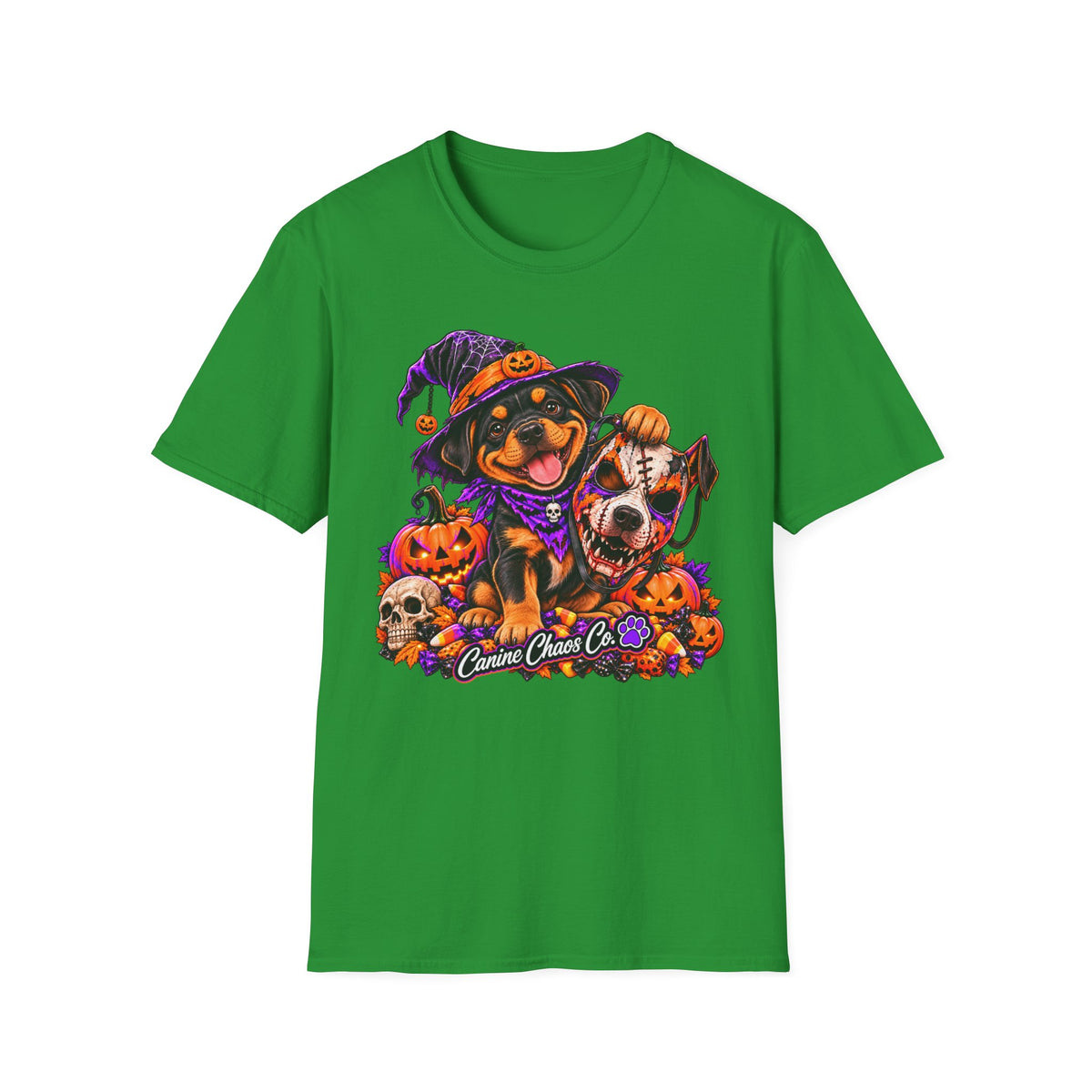 Halloween puppy T-Shirt — Cute Witch Dog with Pumpkins & Skulls