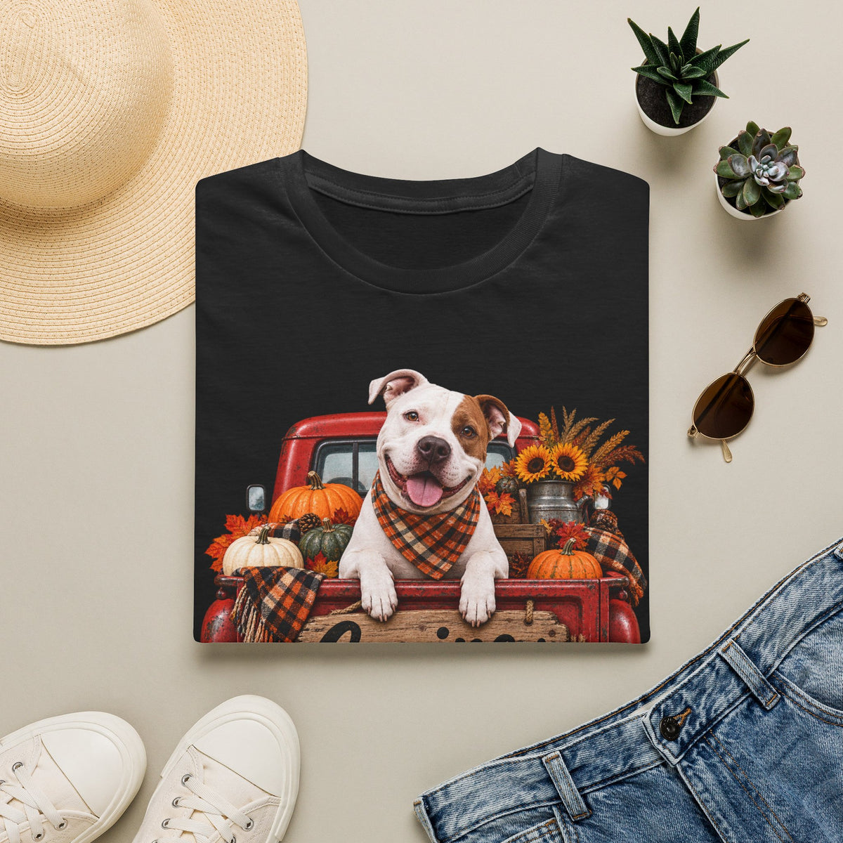 Dog Truck Fall T-Shirt — Cute Pitbull with Pumpkins & Sunflowers