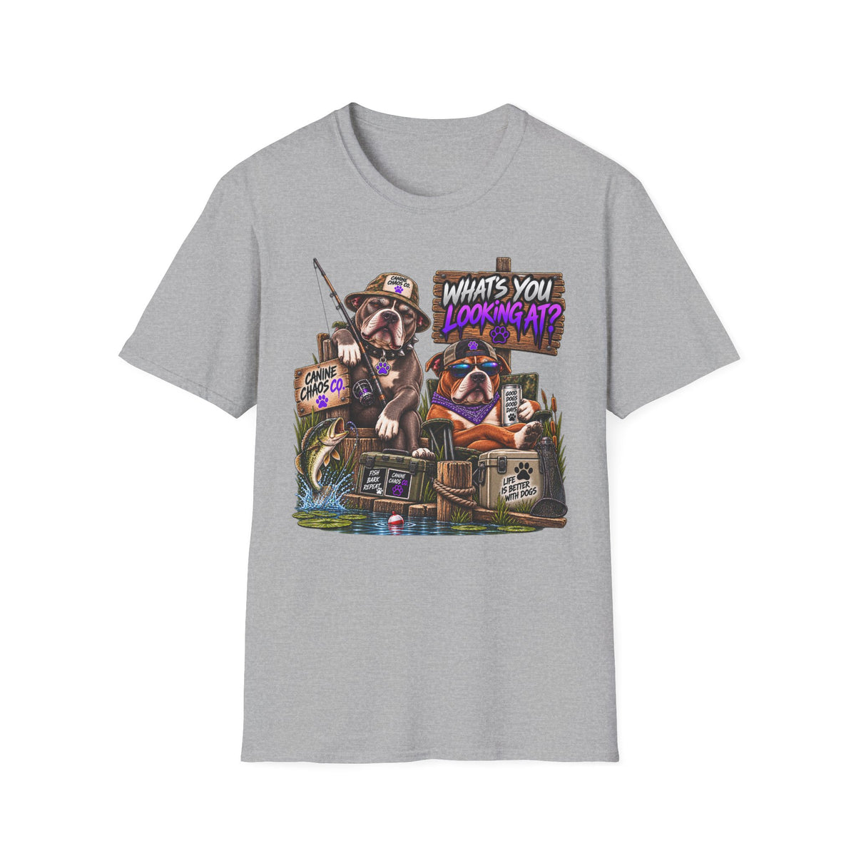 Fishing Dogs Graphic T-Shirt — "What's You Lookin' At?" Funny Outdoor Tee