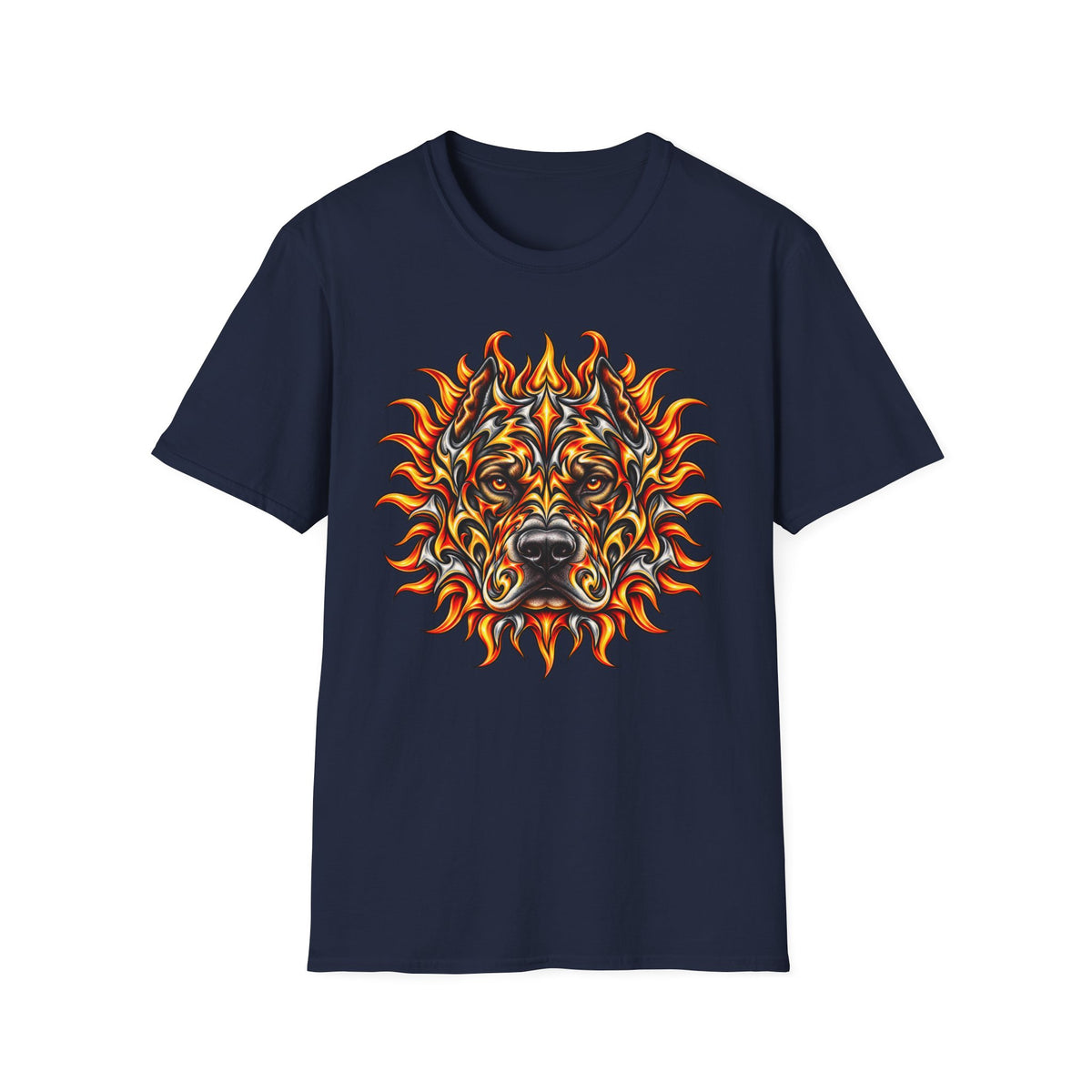 Pit Bull Face Flame Graphic Tee — Bold Tribal Fire Artwork T-Shirt