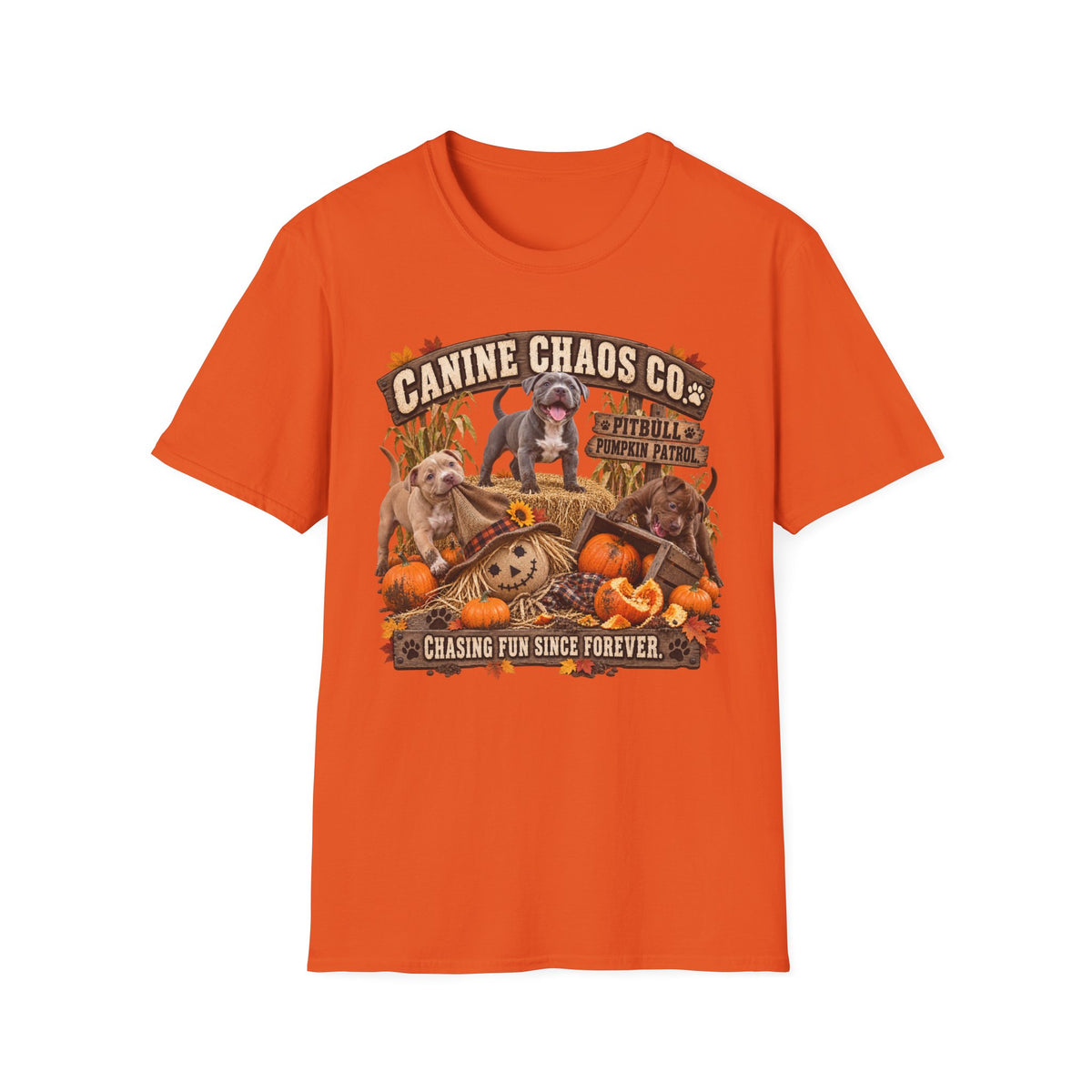 Canine Chaos Co. Fall Dogs T-Shirt — "Chasing Fun Since Forever"