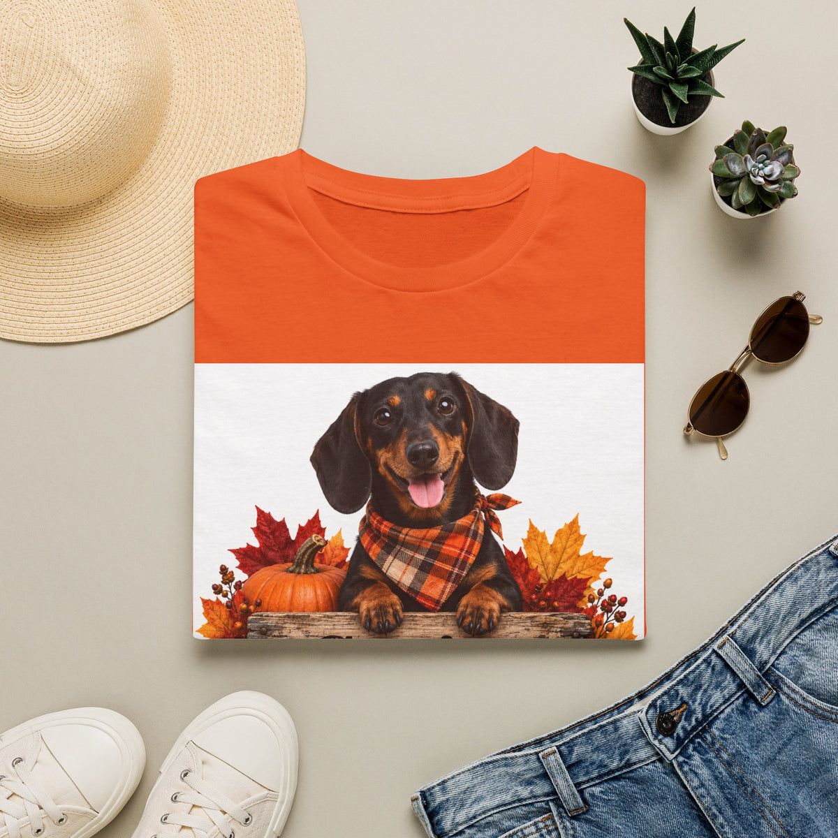 Dachshund Fall Tee — "Canine Chaos Co." Plaid Scarf Autumn Dog T-Shirt