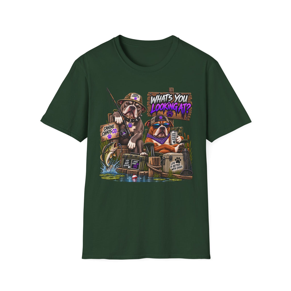 Fishing Dogs Graphic T-Shirt — "What's You Lookin' At?" Funny Outdoor Tee