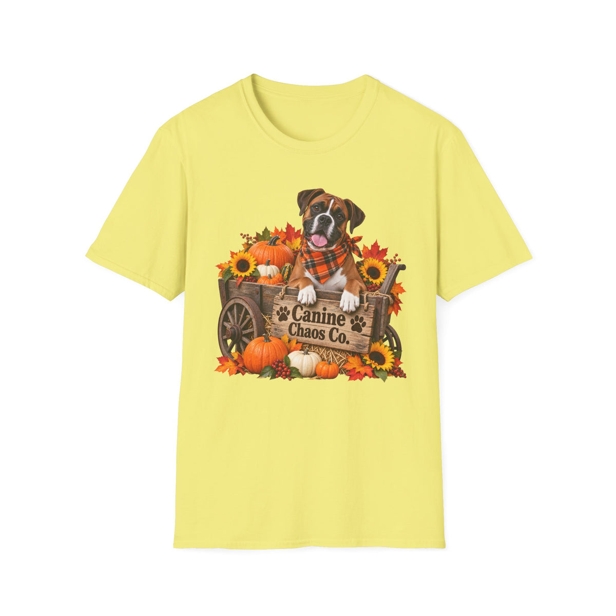 Fall Dog Pumpkin T‑Shirt — 'Canine Chaos Co.' Autumn Wagon Graphic