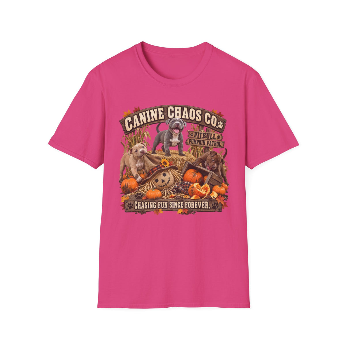 Canine Chaos Co. Fall Dogs T-Shirt — "Chasing Fun Since Forever"