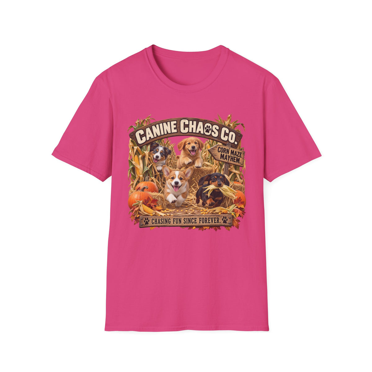 Canine Chaos Co. Fall Dogs T-Shirt — "Chasing Fun Since Forever"
