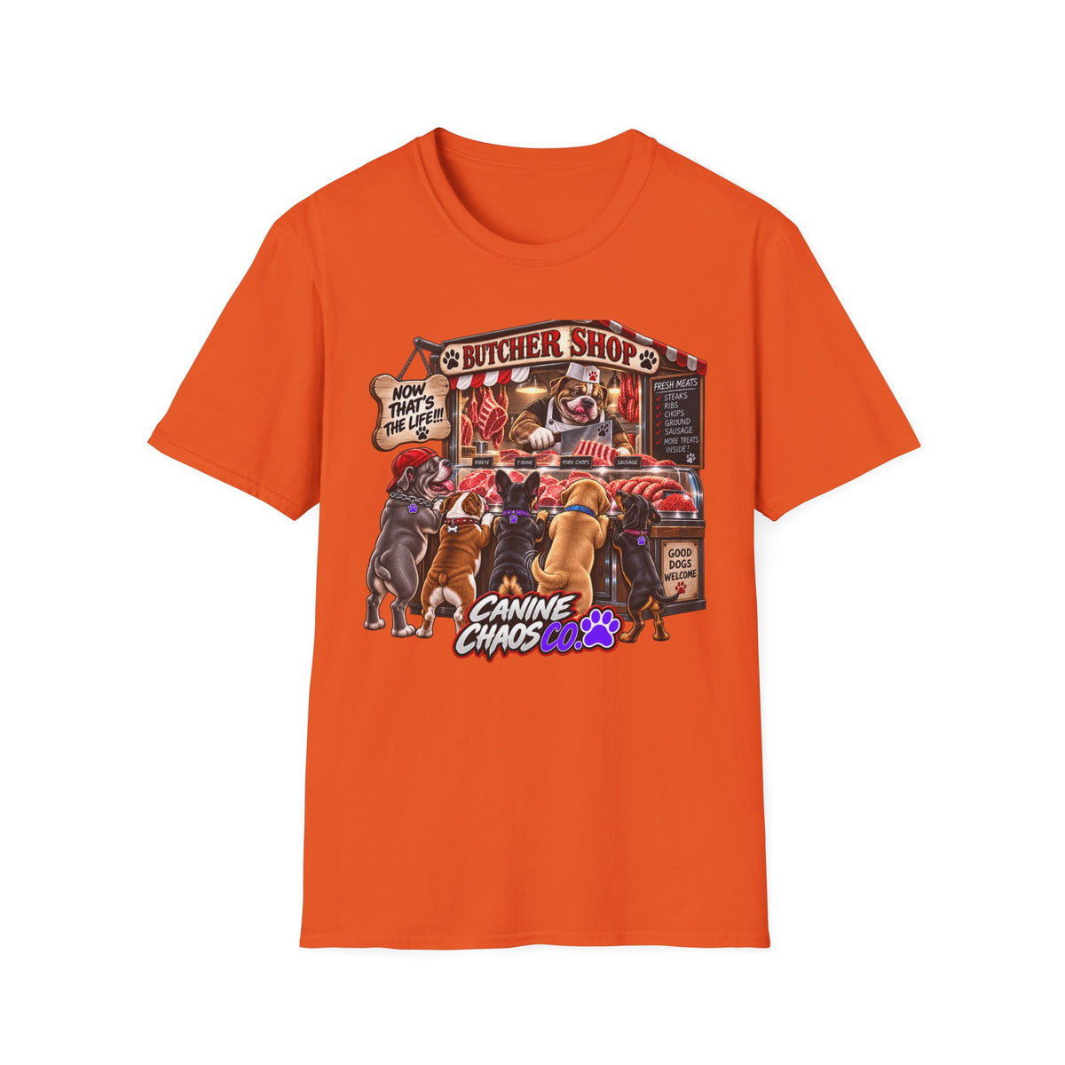 Canine Chaos Butcher Shop T-Shirt — Funny Dog Lover Graphic Tee