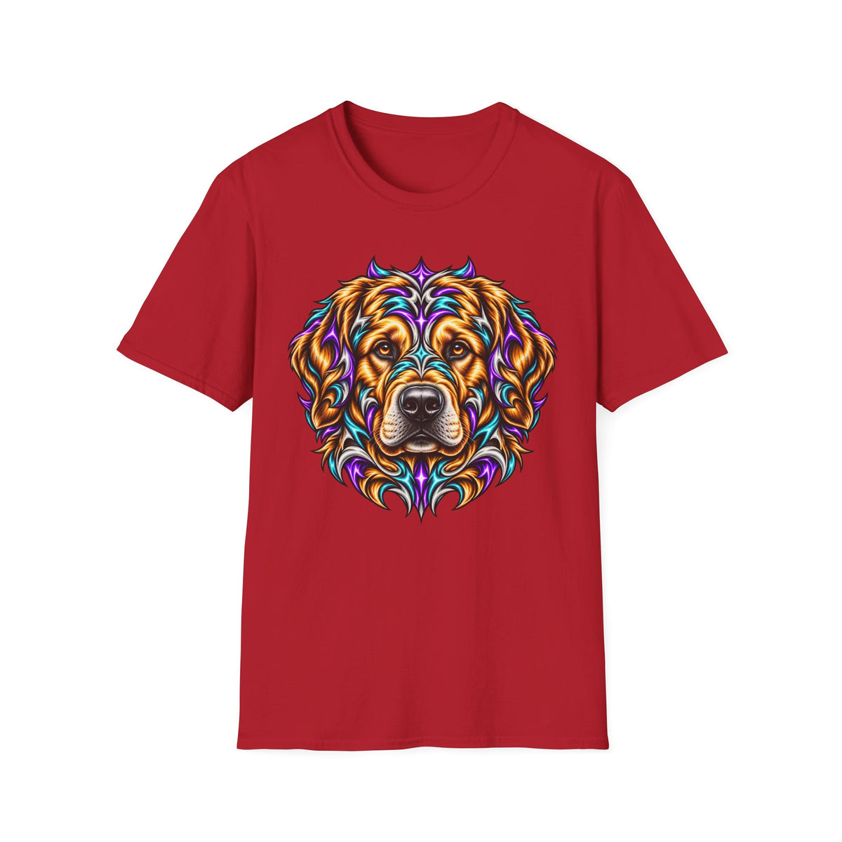 Golden Retriever Head T-Shirt — Colorful Psychedelic Dog Portrait Tee