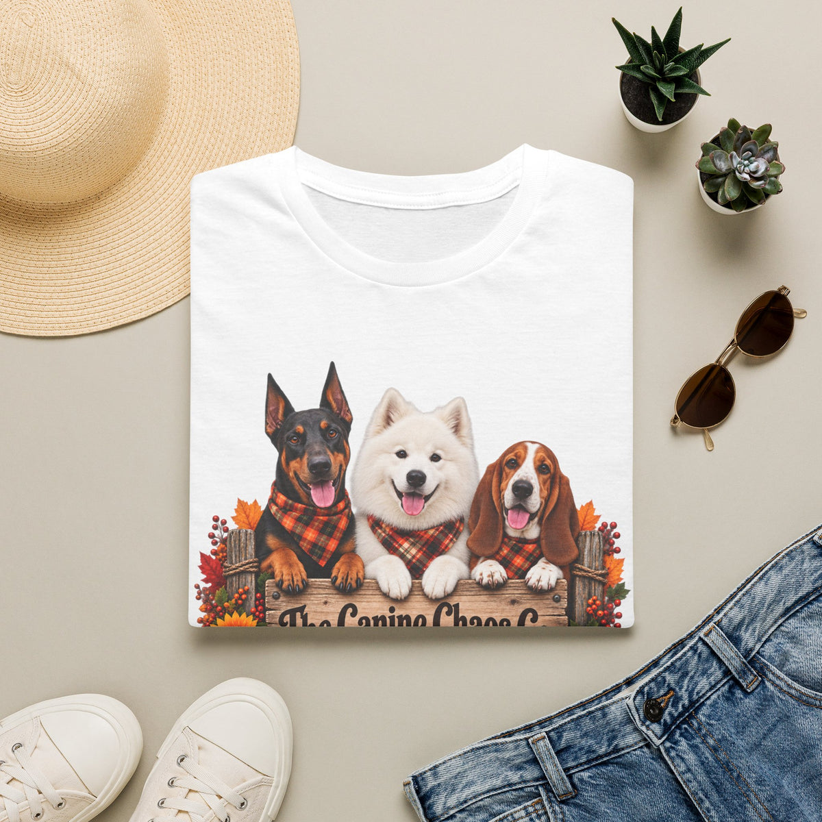 T-Shirt — Fall Dogs Trio "The Canine Chase Co." Plaid Pumpkin Tee
