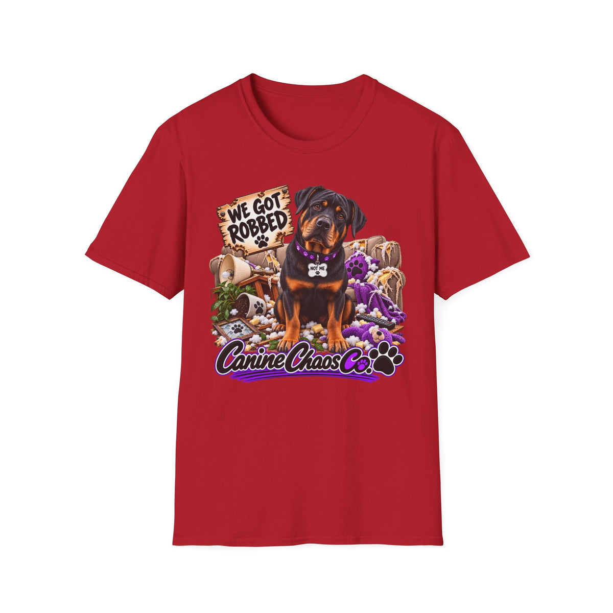 Rottweiler Dog Tee — "We Got Robbed" Canine Chaos Co. Graphic Shirt