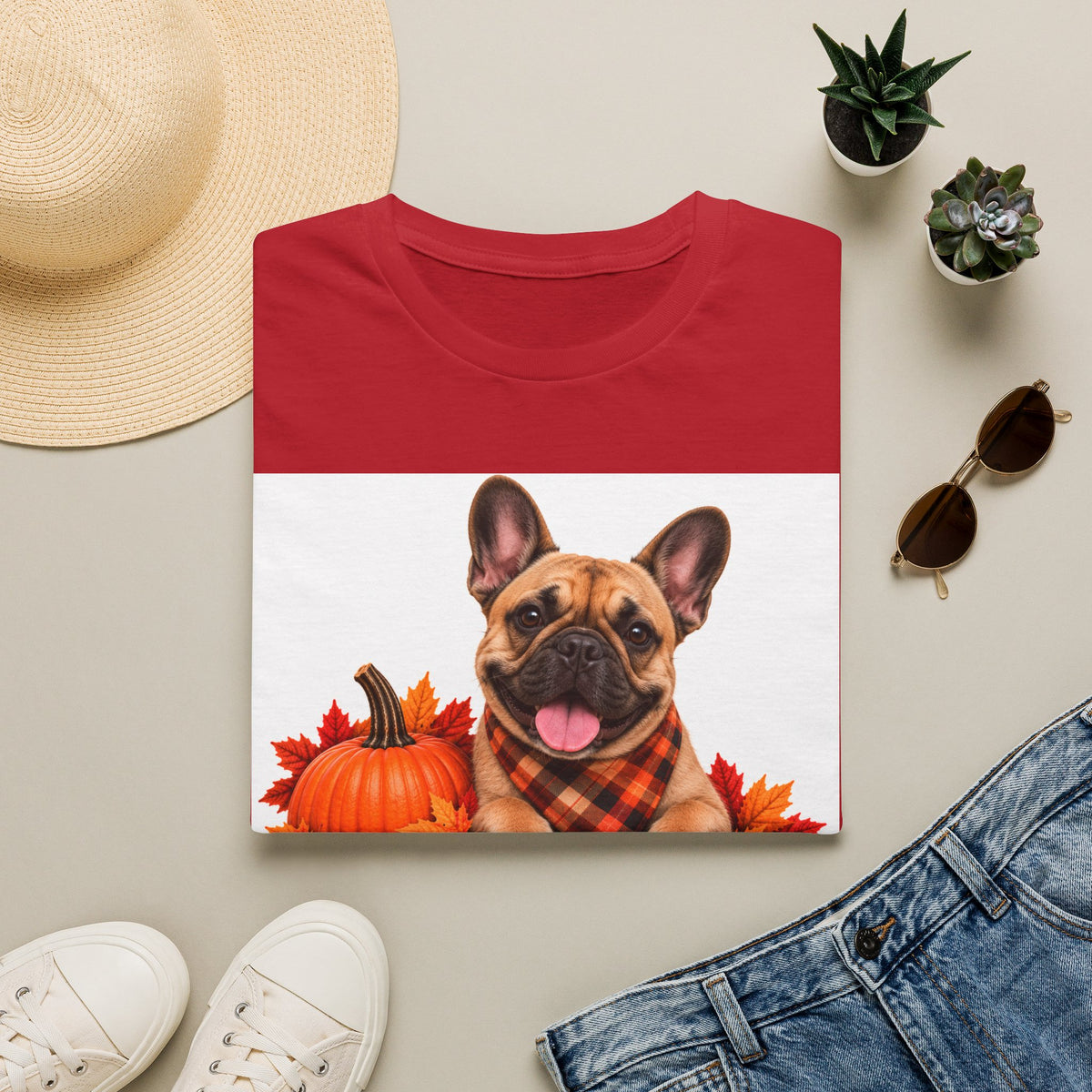 French Bulldog Fall T‑Shirt — 'Canine Choc Co.' Pumpkin & Plaid Dog Tee