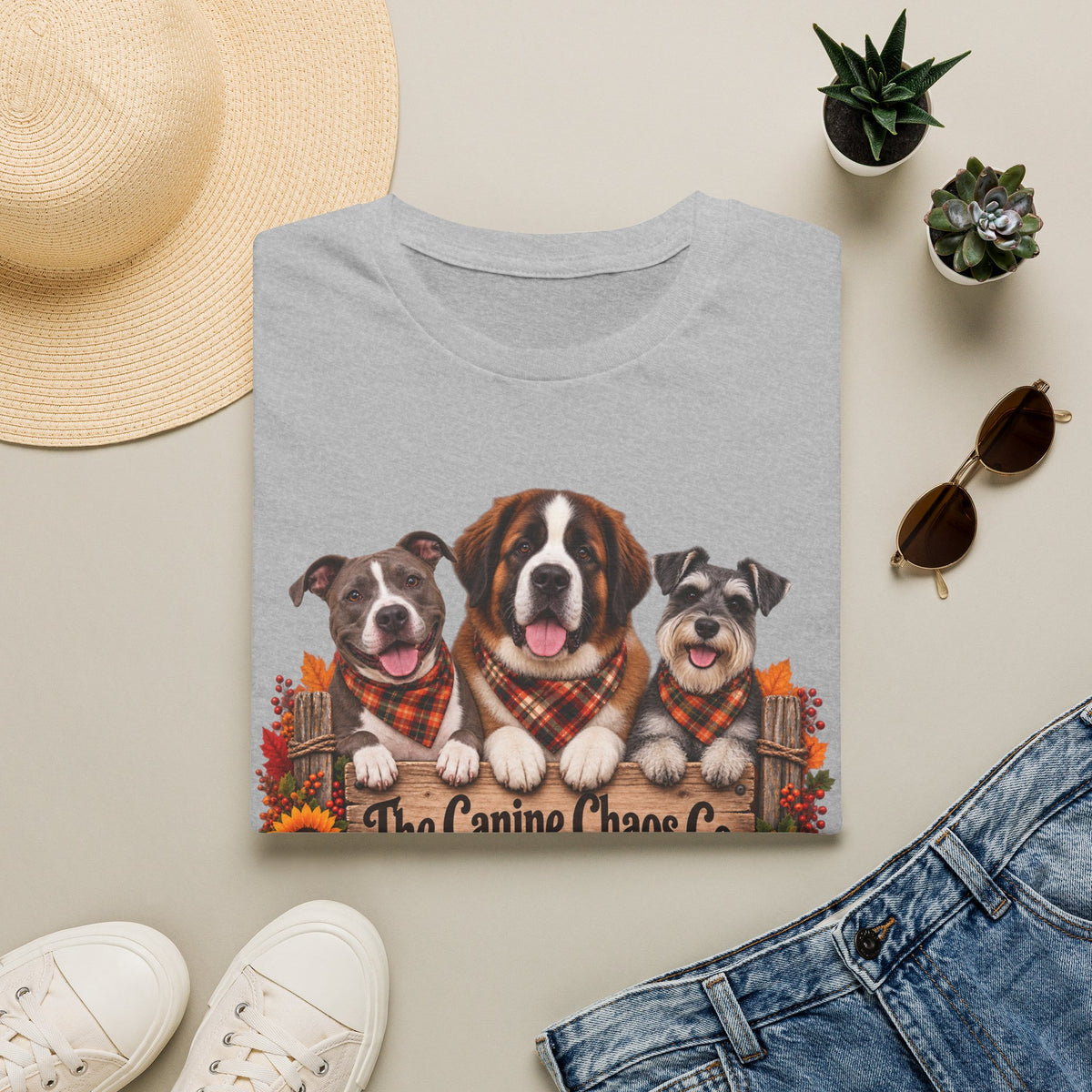 Fall Dog Trio T-Shirt — "The Canine Chaos Co." Plaid Pumpkin Tee