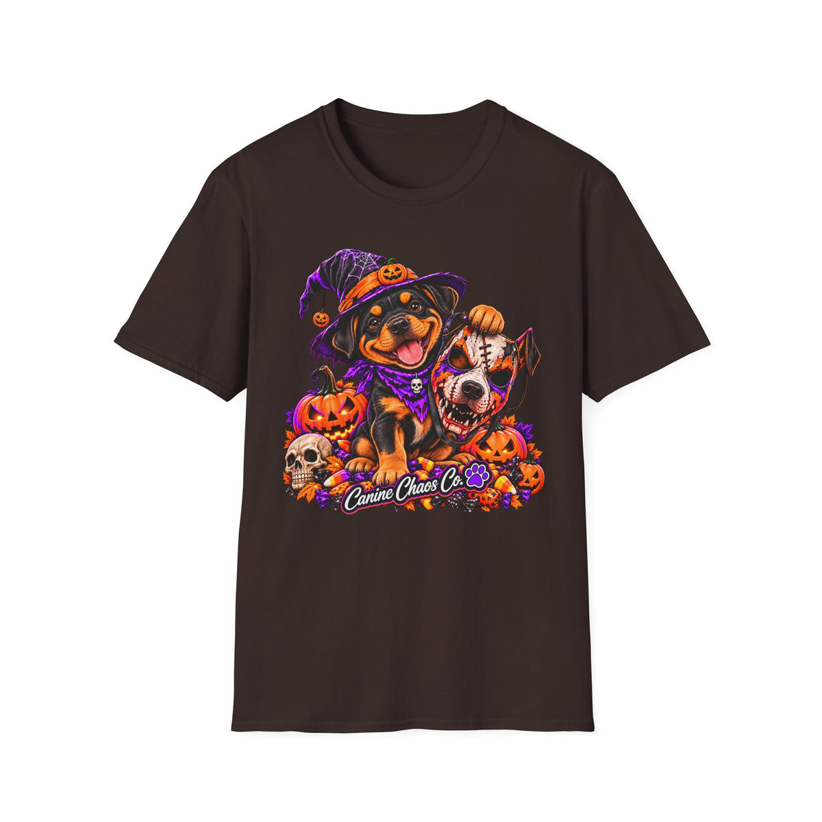 Halloween puppy T-Shirt — Cute Witch Dog with Pumpkins & Skulls
