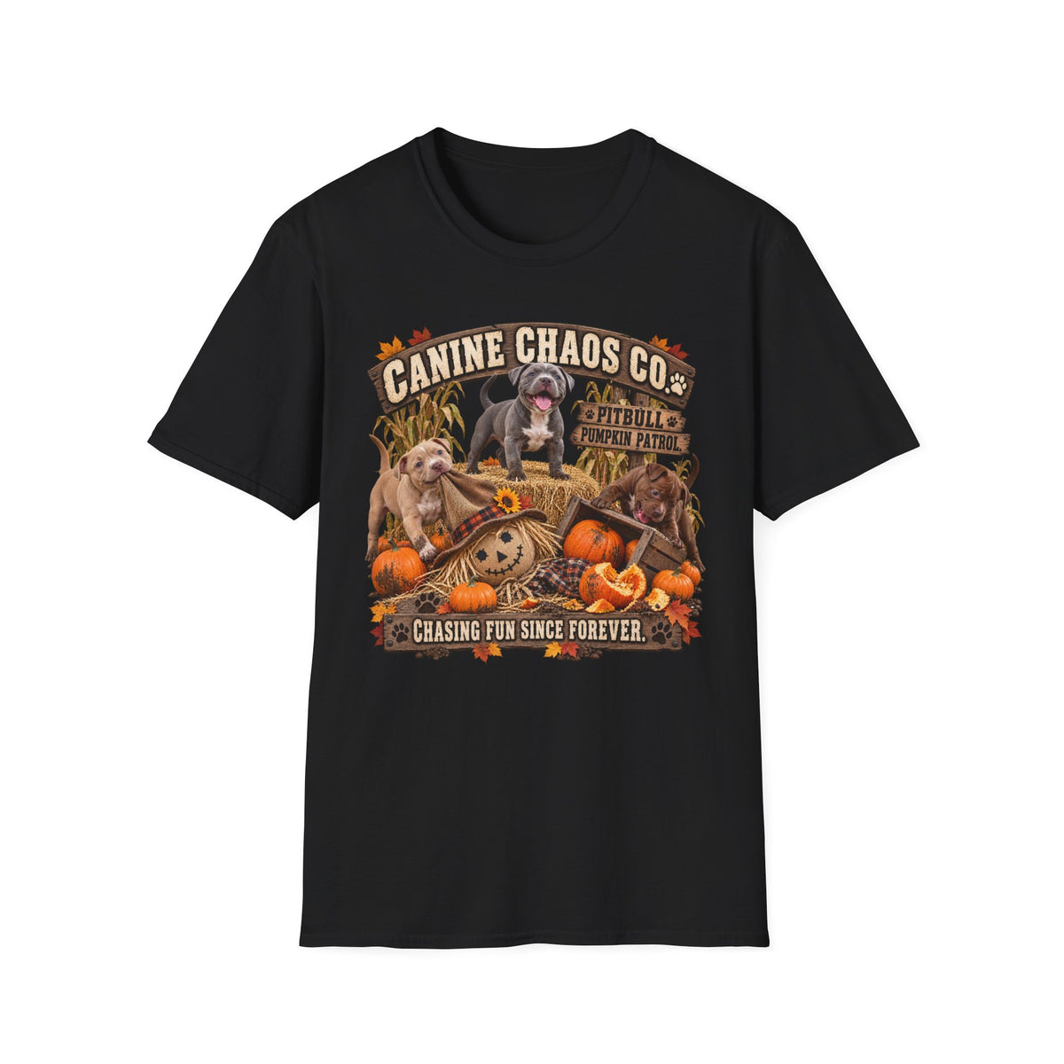 Canine Chaos Co. Halloween Dog T-Shirt — "Chasing Fun Since Forever" Fall Graphic Tee